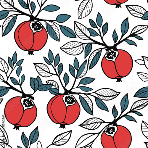 Seamless pattern for interior design, printing on fabric and paper. Red pomegranate fruits on a white background.