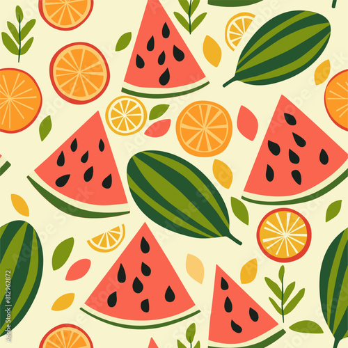 Seamless pattern for interior design, printing on fabric and paper in folk art style. Juicy watermelons and lemons.