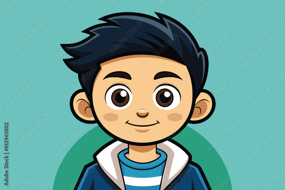 A cartoon boy with black hair wearing a blue shirt, Sup Customizable Cartoon Illustration A cartoon boy with black hair wearing a blue shirt, Sup Customizable Cartoon Illustration