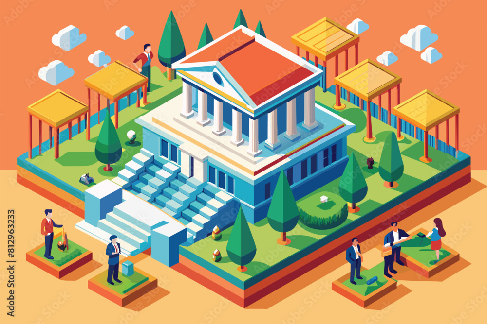 A building with a striking red roof stands amidst a cluster of green trees, Supreme court Customizable Isometric Illustration A building with a striking red roof stands amidst a cluster of green trees, Supreme court Customizable Isometric Illustration