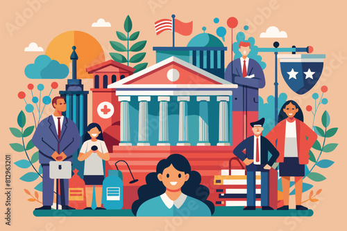 Various individuals standing in a group pose in front of an imposing building, Supreme court Customizable Disproportionate Illustration