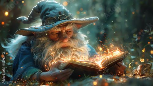 A wise old wizard reads a book of magic spells in the middle of a dense forest. He is surrounded by a soft light, and the trees seem to bow to him.