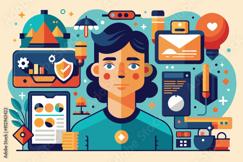 A man standing amid a multitude of different items and objects in a cluttered setting, Sync Customizable Disproportionate Illustration