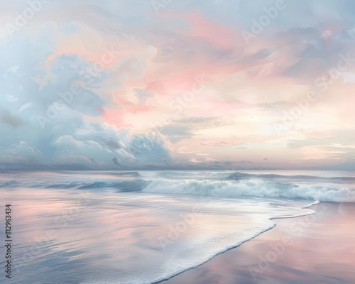 A dreamy seascape of a beach at sunset, with soft pastel colors blending seamlessly across the sky and gentle waves lapping at the shore
