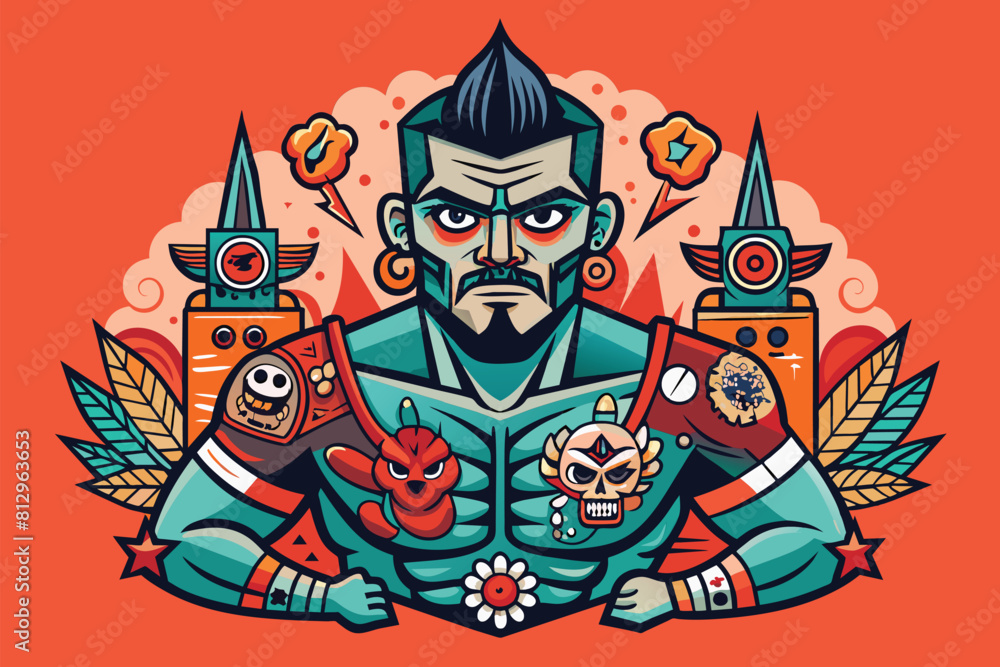 A man with tattoos and a beard holding a book in his hands, Tattoo artist Customizable Disproportionate Illustration A man with tattoos and a beard holding a book in his hands, Tattoo artist Customizable Disproportionate Illustration