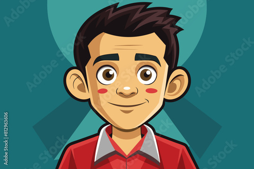 A man wearing a red shirt and with black hair, Task Customizable Cartoon Illustration