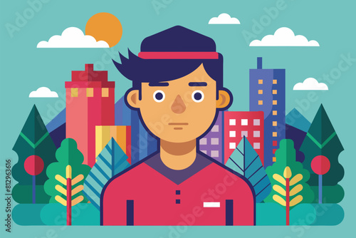 A man stands in front of a towering cityscape under the bright sky, Task Customizable Semi Flat Illustration