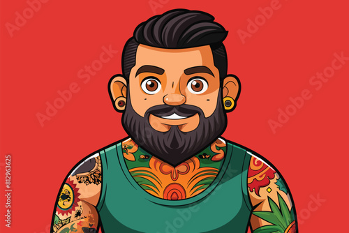 A customizable cartoon illustration of a man with a beard and tattoos, Tattoo artist Customizable Cartoon Illustration