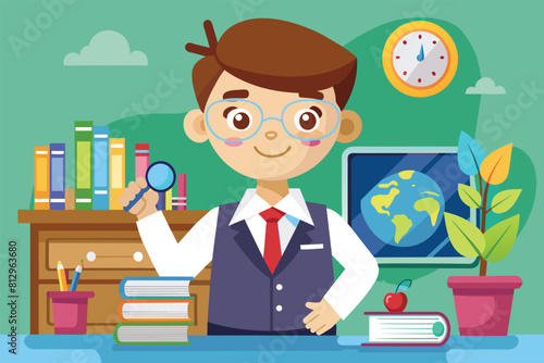 A man dressed in a suit and tie examining something closely with a magnifying glass, Teacher Customizable Cartoon Illustration