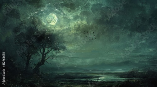 A painting of a moonlit night with a person standing on a lake