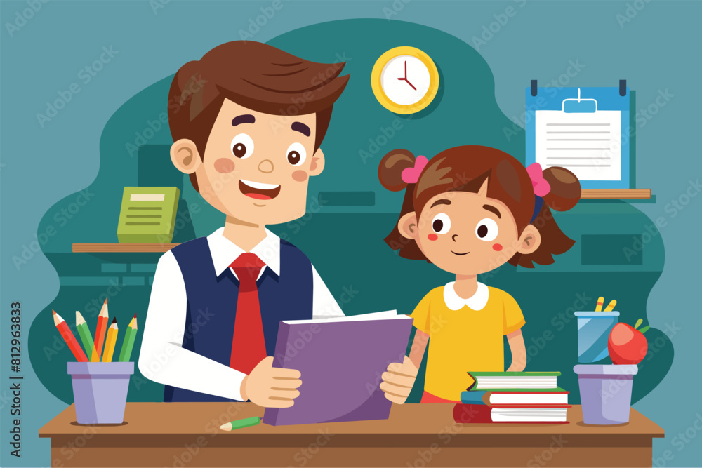A man is reading a book to a young girl in this customizable cartoon illustration, Teacher student Customizable Cartoon Illustration A man is reading a book to a young girl in this customizable cartoon illustration, Teacher student Customizable Cartoon Illustration