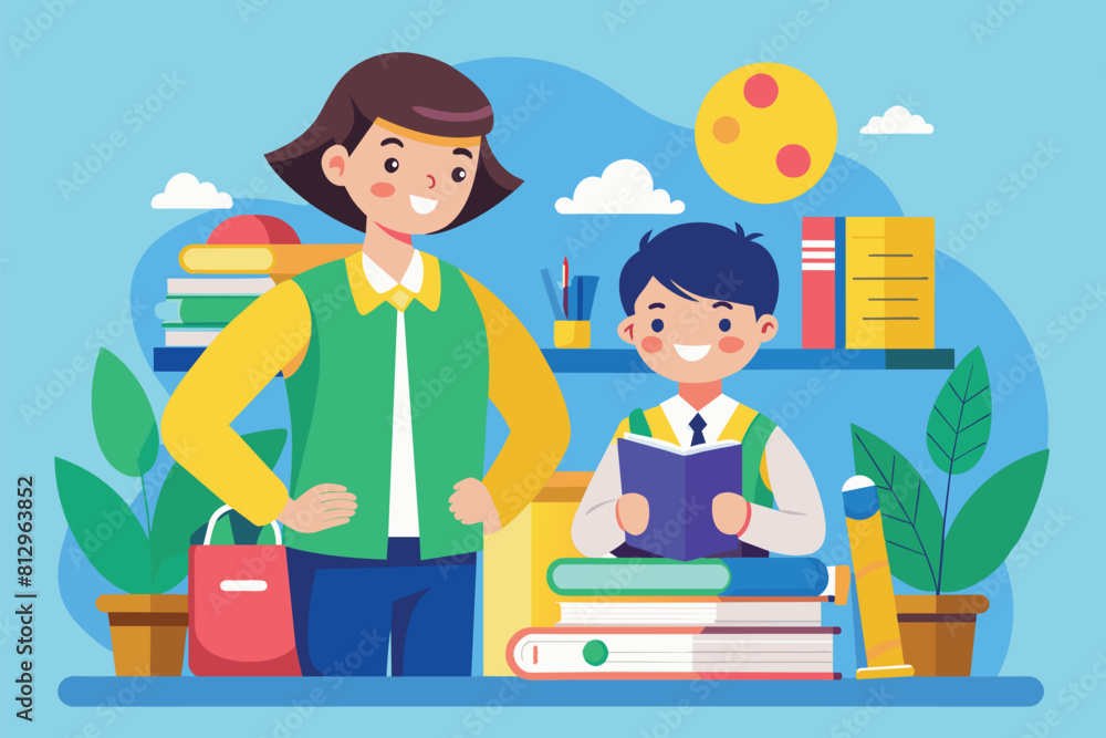 A woman stands next to a boy who is engaged in reading a book, Teacher student Customizable Flat Illustration A woman stands next to a boy who is engaged in reading a book, Teacher student Customizable Flat Illustration