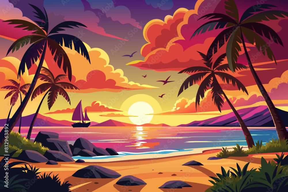 Summer sunset palm trees and beach Summer sunset palm trees and beach