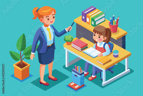 A woman is instructing a child on writing skills in an educational setting, Teacher student Customizable Isometric Illustration