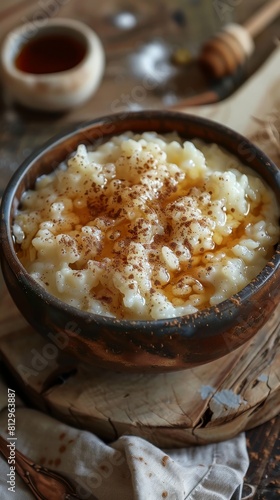 Bowl of creamy rice pudding with honey and cinnamon topping 