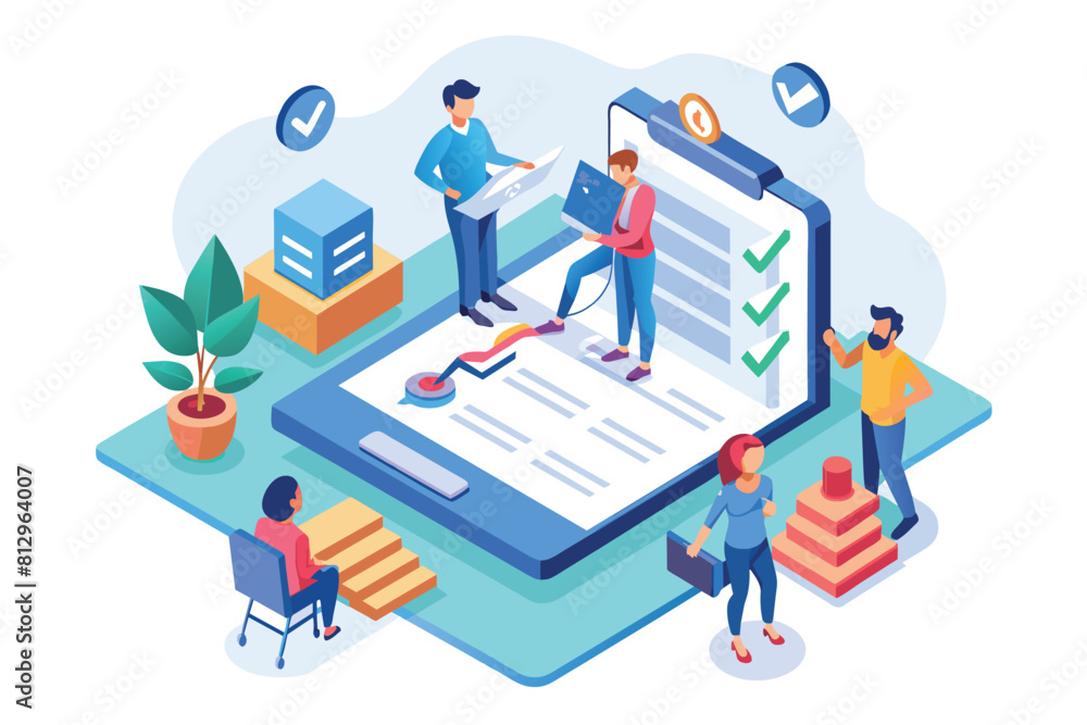 A group of individuals standing around a large document, engaging in discussions and analysis, Team checklist Customizable Isometric Illustration A group of individuals standing around a large document, engaging in discussions and analysis, Team checklist Customizable Isometric Illustration
