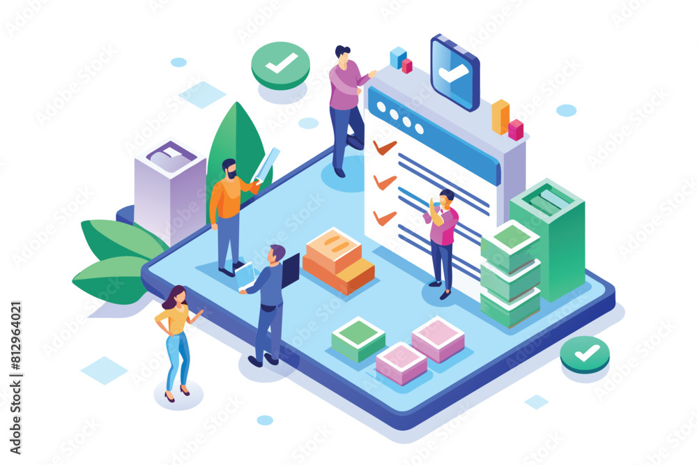 custom made wallpaper toronto digitalTeam of individuals standing around a tablet with a checklist displayed on screen, engaging in collaborative work, Team checklist Customizable Isometric Illustration