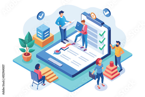 A group of individuals standing around a large document, engaging in discussions and analysis, Team checklist Customizable Isometric Illustration