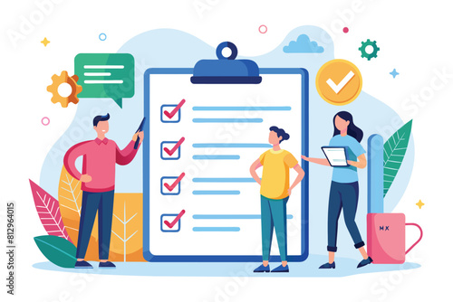 A group of individuals standing around a clipboard with a checklist on it, engaged in a review or discussion, Team checklist Customizable Flat Illustration