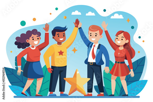 A diverse group of individuals standing together in a unified and cohesive manner, Teamwork high five Customizable Cartoon Illustration