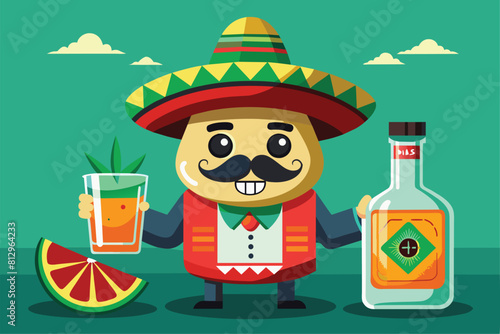 A cartoon character is shown holding a glass and a bottle of tequila, Tequila Customizable Cartoon Illustration