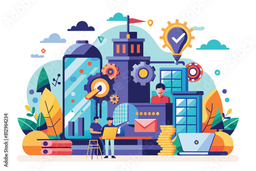 A man is busy working on a laptop in a tech company setting, surrounded by diverse objects and tools, Tech company Customizable Semi Flat Illustration