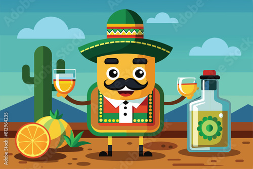 Cartoon character holding a bottle and glass of alcohol in a customizable tequila illustration, Tequila Customizable Cartoon Illustration