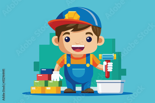 A young boy in overalls and a hat holding a paintbrush, Tiler Customizable Cartoon Illustration