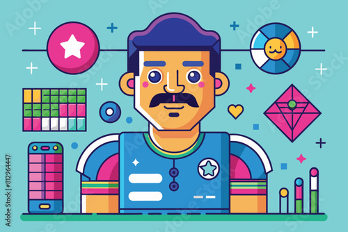 A man with a mustache standing in front of a solid blue background, Tiler Customizable Disproportionate Illustration