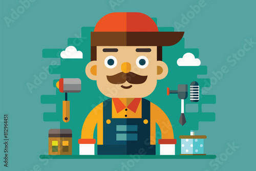 A man wearing overalls and a hat standing in front of various tools, Tiler Customizable Flat Illustration