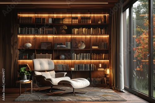 Relaxing reading nook in home library with comfortable armchair
 photo