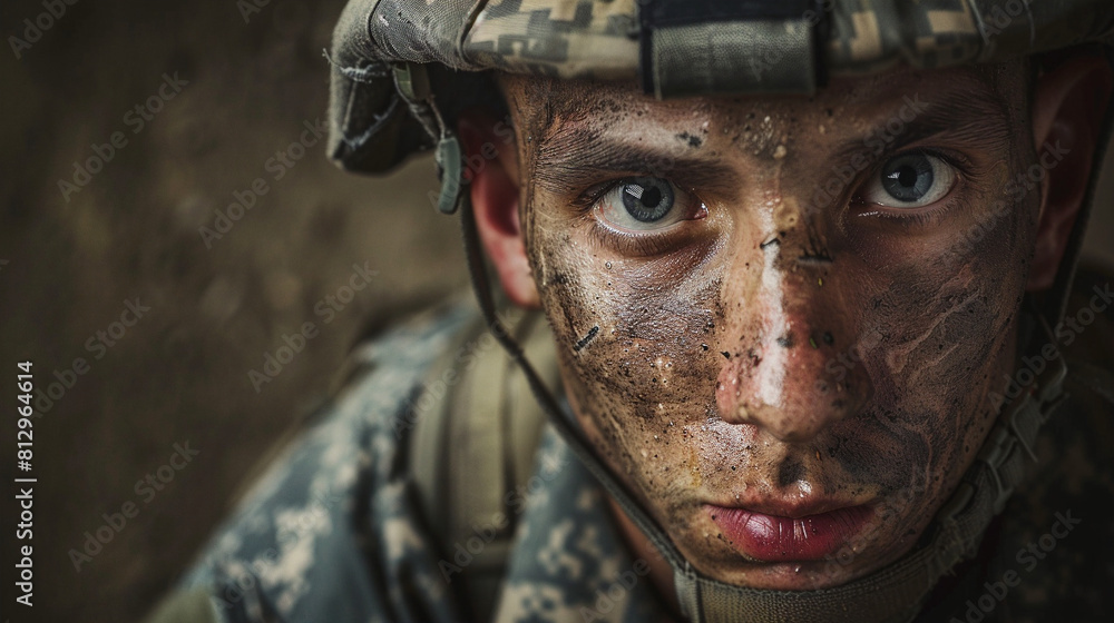 Battle-weary soldier with face paint staring at camera Battle-weary soldier with face paint staring at camera