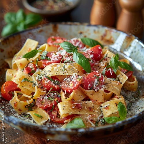 Delicious pappardelle pasta with roasted tomatoes, basil and parmesan
 photo