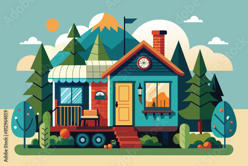 A small blue house featuring a clock on the front facade  Tiny house Customizable Disproportionate Illustration