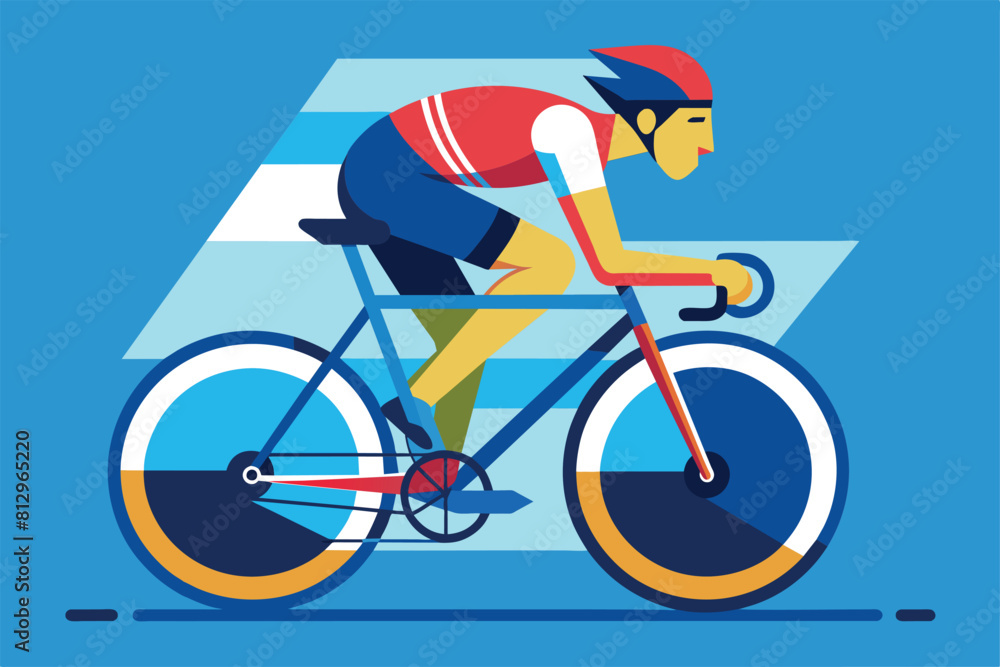 Fototapeta premium A man is riding a bike on a blue background, Track cycling Customizable Flat Illustration