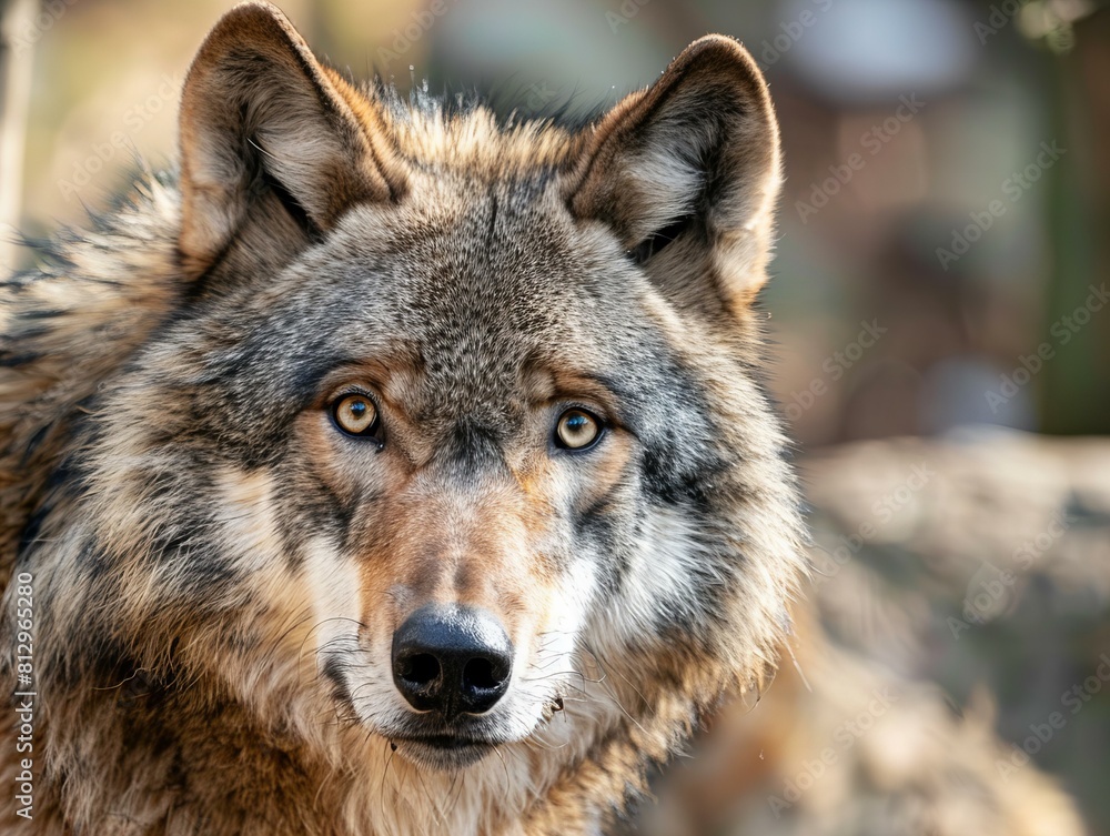 wolf looking at camera closeup, wild mammal predator, canis lupus
