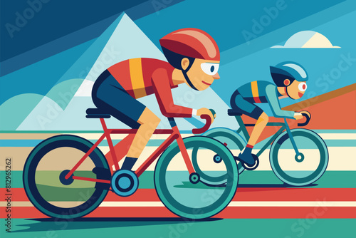 Two men are cycling side by side on a track, engaged in a friendly race or training session, Track cycling Customizable Cartoon Illustration