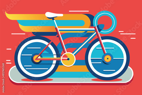 A bicycle is displayed in front of a vibrant red background, Track cycling Customizable Disproportionate Illustration