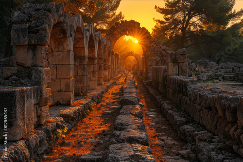 Vibrant sunset illuminating ancient stone ruins  casting long shadows and a golden glow. AI generated.