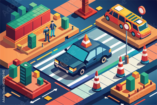 Illustration of a car navigating through traffic on a bustling city street, Traffic fine Customizable Isometric Illustration