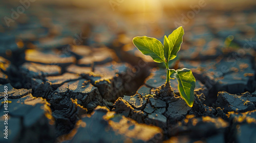 An image of small shoots growing painstakingly on dry surface and cracked land. It is a symbol of hope and vitality in the fight against climate change. 