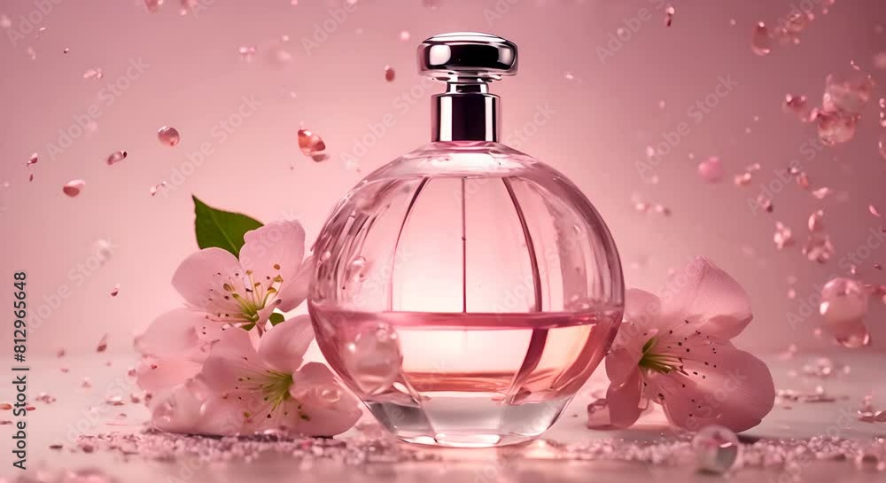 Glass perfume bottle and gypsophila flowers in pink water background Floral arrangement splashes and drops of water Glass perfume bottle and gypsophila flowers in pink water background Floral arrangement splashes and drops of water