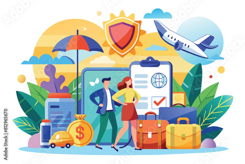 A man and a woman are standing in front of several pieces of luggage, ready to travel, Travel insurance Customizable Semi Flat Illustration
