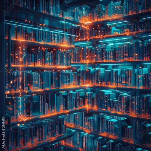 A library shelf overflowing with glowing books, their pages replaced by lines of code, representing the vast knowledge base of artificial intelligence