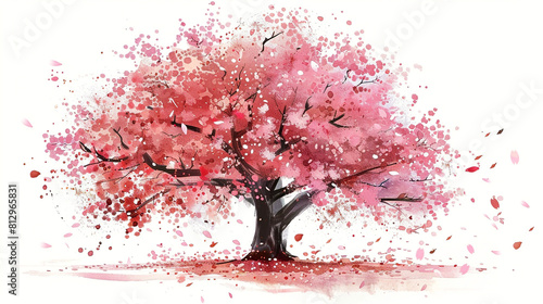 Delicate watercolor painting of a cherry blossom tree with pink petals falling in the wind, representing the beauty and transience of life. photo