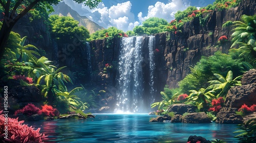 Secluded falls cascade into pool, embraced by lush greenery and exotic flora