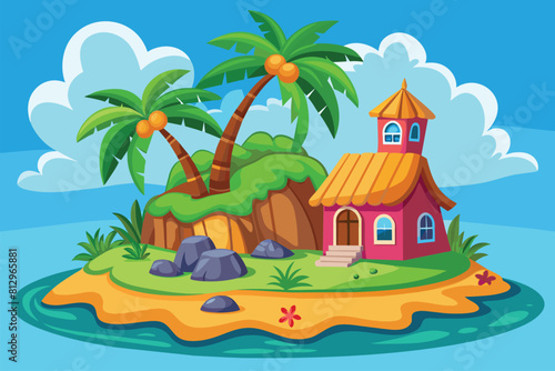 A small tropical island featuring a house surrounded by palm trees, Tropical island Customizable Cartoon Illustration