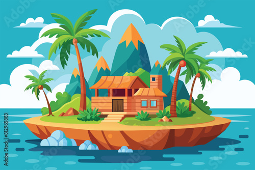A small tropical island with a house on it, surrounded by water, Tropical island Customizable Disproportionate Illustration