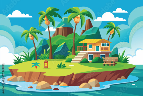 A small house sits on a tropical island surrounded by water, Tropical island Customizable Disproportionate Illustration