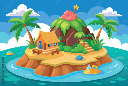 A house sits atop a tiny tropical island surrounded by water, Tropical island Customizable Cartoon Illustration